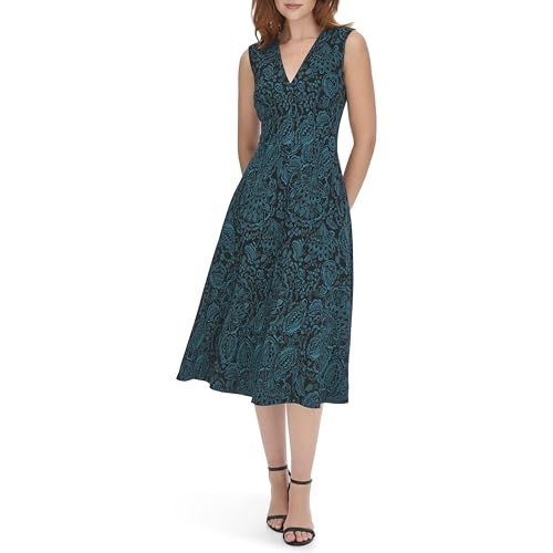 Women's Sleeveless V Neck Fit and Flare Midi Dress