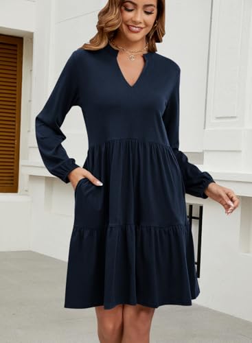 Women Fall Tunic Dress 2025 V Neck Casual Tiered Long Sleeve with Pockets A-Line Swing Mini Babydoll Dress