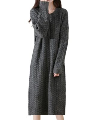 Women's Wool Dress Twist Flower Pullover Loose Cashmere Sweater Fashion Fall Winter Long Sleeve Skirts