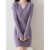 - Wool Sweater Dress Women's Trumpet Sleeve Slim Tight Knitted V Neck Pullover Fall Winter Mid-Long Tops
