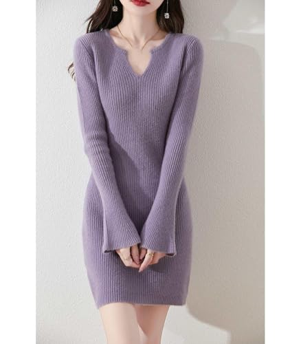 - Wool Sweater Dress Women's Trumpet Sleeve Slim Tight Knitted V Neck Pullover Fall Winter Mid-Long Tops