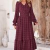 Women Maxi Dress 2025 Fall Long Sleeve V Neck Swiss Dot Boho Smocked High Waisted A-Line Tiered Flowy Long Dresses