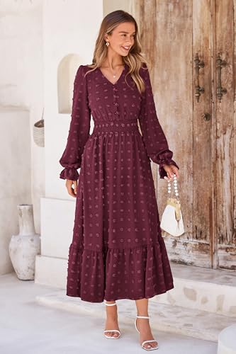 Women Maxi Dress 2025 Fall Long Sleeve V Neck Swiss Dot Boho Smocked High Waisted A-Line Tiered Flowy Long Dresses