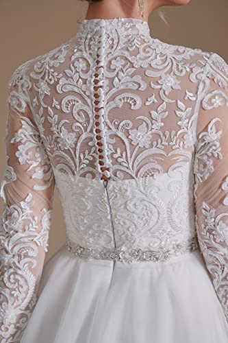 Women's Long Sleeves A-line Beaded Applique Tulle Wedding Dress