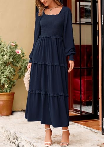 Fall Dresses for Women 2025 Long Sleeve Smocked Square Neck Swiss Dot Tiered Flowy Wedding Guest Maxi Dress