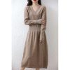 Women's Cashmere V-Neck Long Sleeve Thick Knitted Dress Merino Wool A-Line Dress for Winter