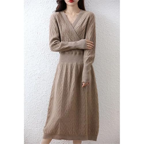 Women's Cashmere V-Neck Long Sleeve Thick Knitted Dress Merino Wool A-Line Dress for Winter