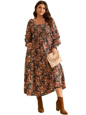 Women's Plus Size Fall Dress Long Sleeve Square Neck Floral Print Smocked A Line Boho Flowy Maxi Dresses with Pockets