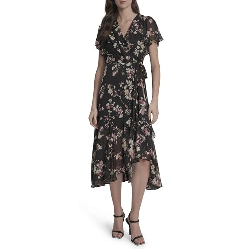 Women's Cap Sleeve Surplice Neck Side Tie Faux Wrap Midi Dress