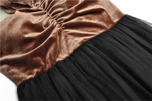 Women Long Sleeve Patchwork Bow Velour Mesh Crewneck Party Dress