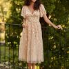 Women's Elegant A Line Embroidery Short Sleeves Midi Sequin Formal Cocktail Wedding Guest Dress 02230