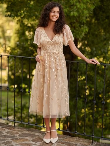 Women's Elegant A Line Embroidery Short Sleeves Midi Sequin Formal Cocktail Wedding Guest Dress 02230