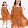Girls Long Sleeve Dress with Puff Sleeves & Ruffle Hem, Christmas Holiday Party Dress for Fall Winter, Sizes 6-15