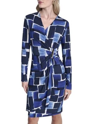 Womens Long Sleeve Surplice Neck Sheath Dress