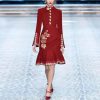 Women's Embroidery Floral Midi Dress Stand Collar Long Sleeve Fall Winter Warm Party Dress