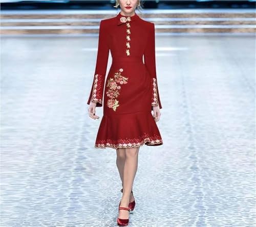 Women's Embroidery Floral Midi Dress Stand Collar Long Sleeve Fall Winter Warm Party Dress