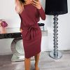Women's Fall Bodycon Party Dress Casual Long Sleeve Tie Waist Fitted Sheath Pencil Dresses with Pockets