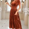 Women's Fall Winter Vintage Velvet Dress Short Sleeve V Neck Elastic Waist Tiered Ruffle A-Line Flowy Maxi Dress