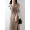 Women's Wool Mock Neck Pullover Dress Merino Wool Knit Slim A-Line Striped Long Sweater Dress