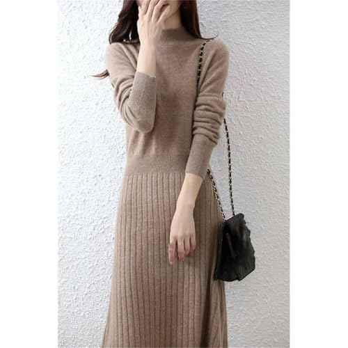 Women's Wool Mock Neck Pullover Dress Merino Wool Knit Slim A-Line Striped Long Sweater Dress
