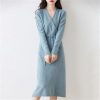 Women's Wool Knit Dress Warm V Neck Long Sleeve Casual Sweater Dress for Fall Winter