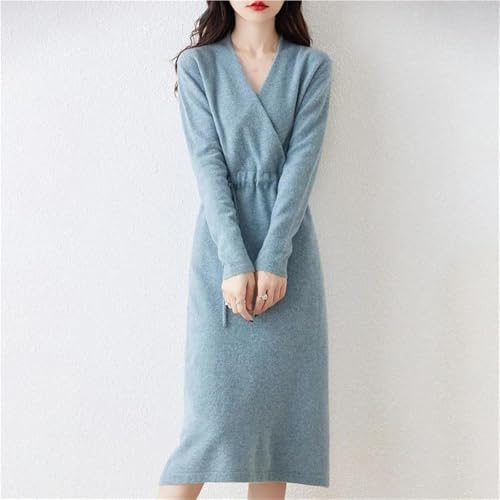 Women's Wool Knit Dress Warm V Neck Long Sleeve Casual Sweater Dress for Fall Winter