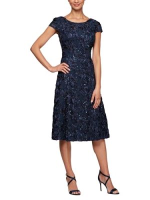 Petite Cocktail Dress in Rosette Lace with Cap Sleeves