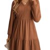 Fall Dresses for Women 2025 Long Sleeve V Neck Textured Casual Lightweight Tiered Ruffle A-Line Mini Babydoll Dress