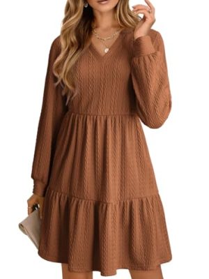 Fall Dresses for Women 2025 Long Sleeve V Neck Textured Casual Lightweight Tiered Ruffle A-Line Mini Babydoll Dress