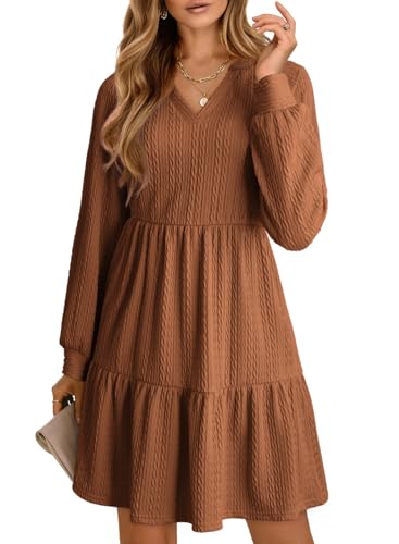Fall Dresses for Women 2025 Long Sleeve V Neck Textured Casual Lightweight Tiered Ruffle A-Line Mini Babydoll Dress