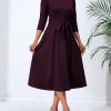 Women's Caual Midi Dress 3/4 Sleeve Crewneck A-line Swing Dress for Women with Belt for Wedding Guest & Cocktail Party