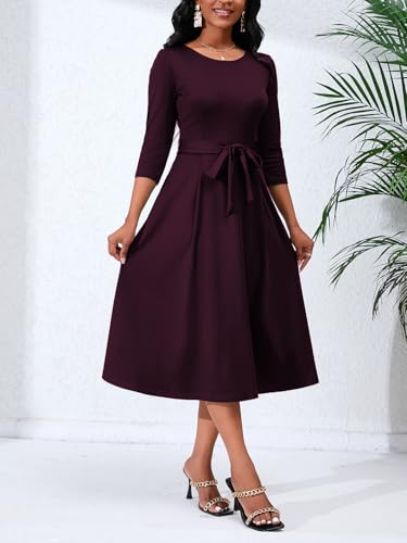 Women's Caual Midi Dress 3/4 Sleeve Crewneck A-line Swing Dress for Women with Belt for Wedding Guest & Cocktail Party