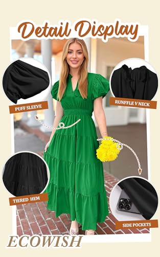 Summer Maxi Dress for Women Casual Flowy V Neck Short Sleeve A Line Empire Waist Tiered Long Dresses with Pockets