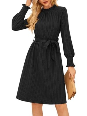 Fall Dresses for Women 2025 Casual Long Sleeve Crew Neck Ribbed Belted Dresses with Pocket