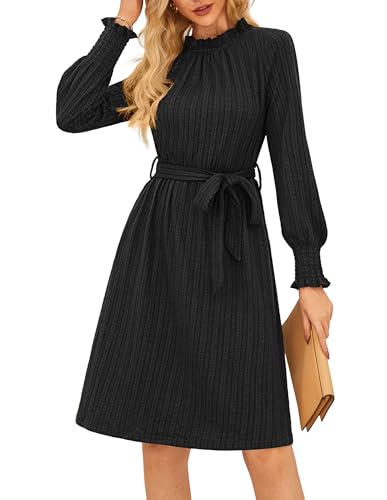 Fall Dresses for Women 2025 Casual Long Sleeve Crew Neck Ribbed Belted Dresses with Pocket
