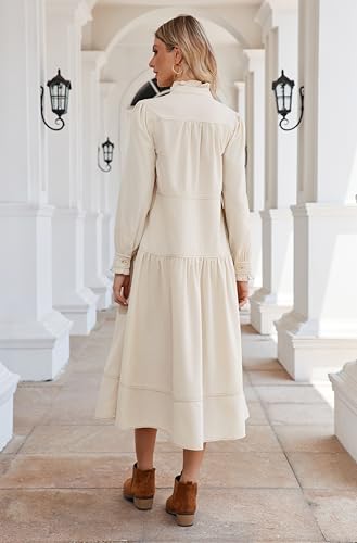 Women's Fall Winter Corduroy Maxi Dress Casual Long Sleeve Ruffle Mock Neck Flowy Vintage Dresses