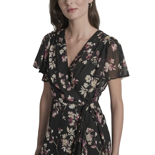 Women's Cap Sleeve Surplice Neck Side Tie Faux Wrap Midi Dress