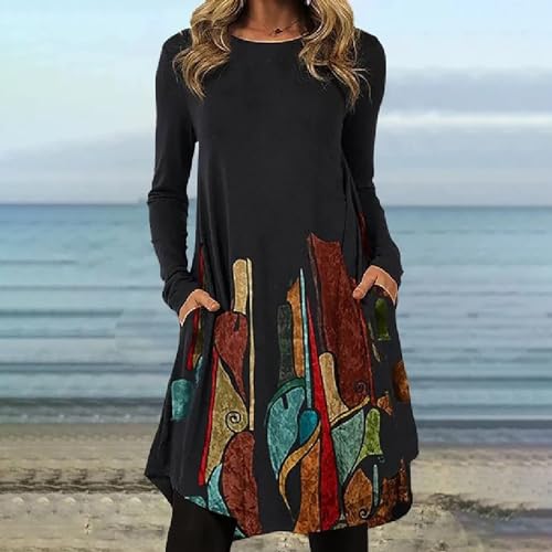 Tunic Dress for Women Casual Crew Neck Long Sleeve Vintage Printed T Shirt Dress Comfy Loose Swing Midi Dress Trendy Pullover