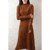 Women's Wool Mock Neck Pullover Dress Merino Wool Knit Slim A-Line Striped Long Sweater Dress