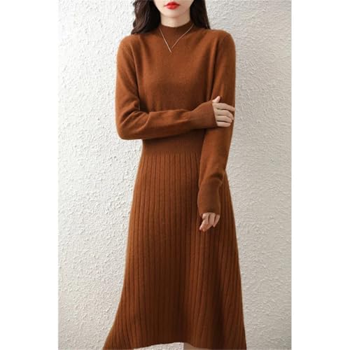 Women's Wool Mock Neck Pullover Dress Merino Wool Knit Slim A-Line Striped Long Sweater Dress