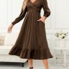 Womens 2024 Wrap V-Neck Twist Knot Long Sleeve Empire Waist Midi Maxi Dress A-Line Ruched Flowy Dress with Pockets