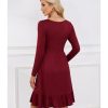 Women Casual Long Sleeve Knee Length Dresses Round Neck Pleated Fall Dress with Pockets 2024