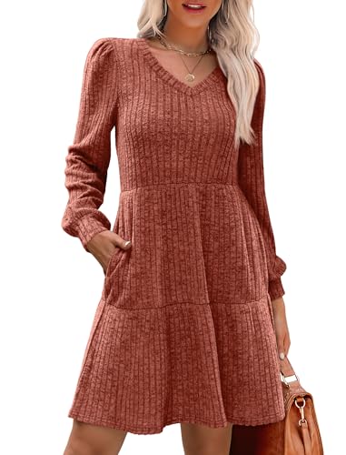Womens V Neck Long Sleeve Fall Dresses Baby Doll Casual Sweater Dress Fashion Clothes