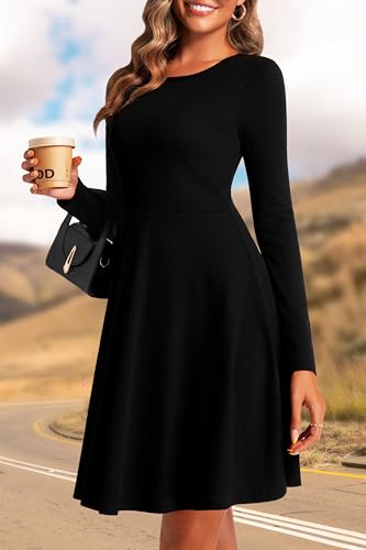 Fall Dresses for Women 2025 Long Sleeve Ribbed Knit A-Line Flowy Casual Wedding Guest Dresses Fashion Clothes