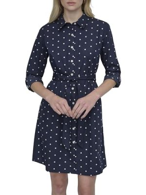 Womens Long Sleeve Collared Tie Fit & Flare Mini Dress