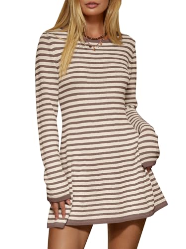 Womens Striped Pullover Sweater Crew Neck Fall Long Sleeve Trendy Casual Ribbed Knit Tunic Mini Dress
