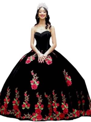 Pearls Strapless Velvet Quinceanera Dresses Winter Fall Floral Red Flower Appliques A-line Sweet 15 Dress 2025