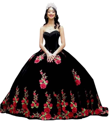 Pearls Strapless Velvet Quinceanera Dresses Winter Fall Floral Red Flower Appliques A-line Sweet 15 Dress 2025