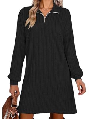 Women's Casual Long Sleeve Fall Dresses V Neck Ribbed Knit Lightweight Sweater Dress with Zippers
