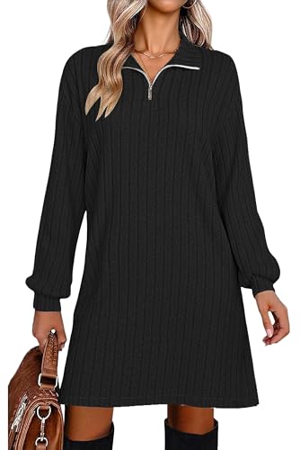 Women's Casual Long Sleeve Fall Dresses V Neck Ribbed Knit Lightweight Sweater Dress with Zippers